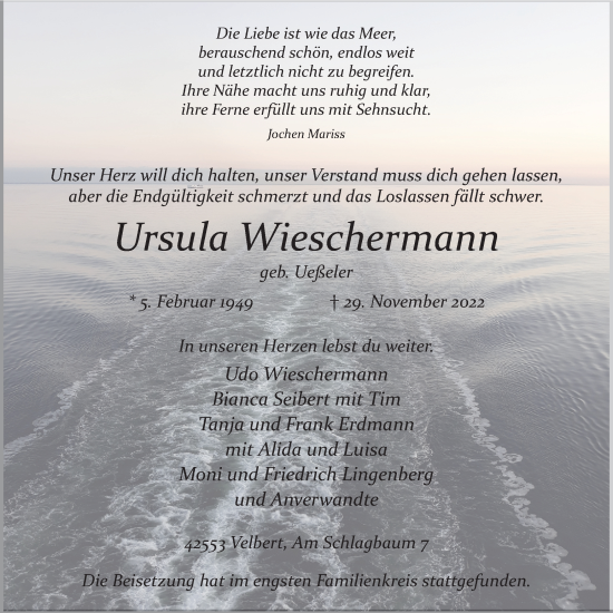 Traueranzeige von Ursula Wieschermann von WVW Anzeigenblätter