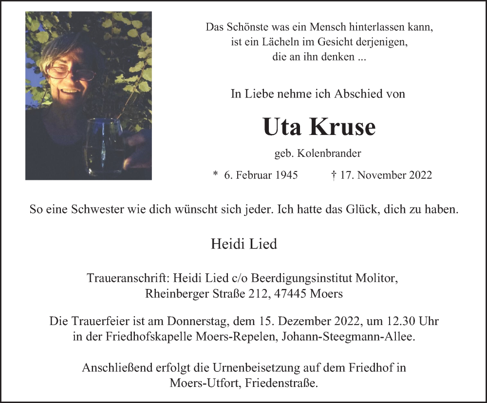  Traueranzeige für Uta Kruse vom 10.12.2022 aus Tageszeitung