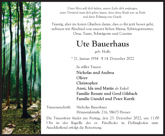 Traueranzeige von Ute Bauerhaus von Tageszeitung