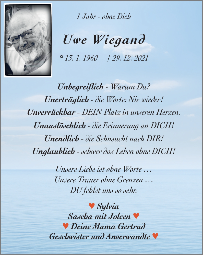  Traueranzeige für Uwe Wiegand vom 29.12.2022 aus Tageszeitung