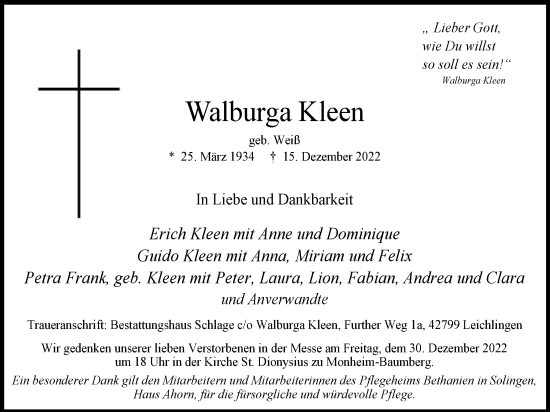 Traueranzeige von Walburga Kleen von WVW Anzeigenblätter