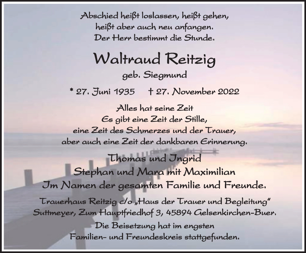  Traueranzeige für Waltraud Reitzig vom 10.12.2022 aus WVW Anzeigenblätter