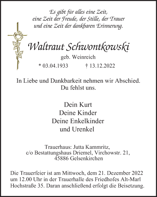 Traueranzeige von Waltraut Schwontkowski von Tageszeitung