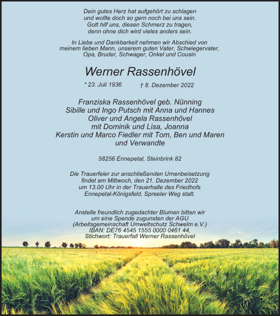 Traueranzeige von Werner Rassenhövel von Tageszeitung
