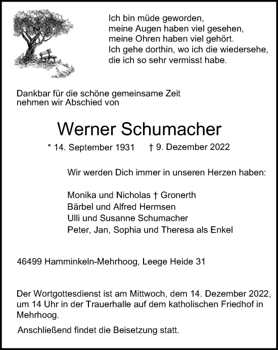 Traueranzeige von Werner Schumacher von Tageszeitung