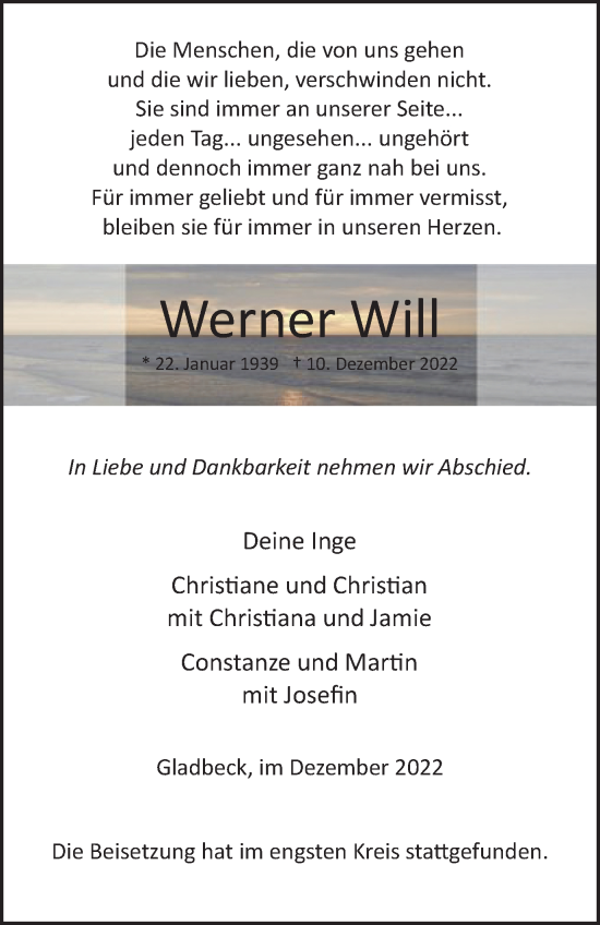 Traueranzeige von Werner Will von WVW Anzeigenblätter