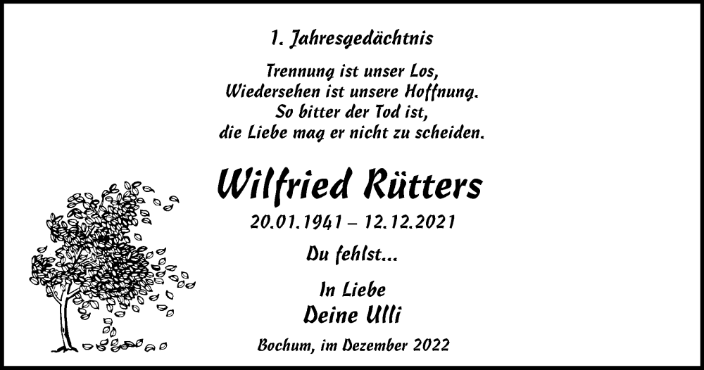  Traueranzeige für Wilfried Rütters vom 12.12.2022 aus Tageszeitung