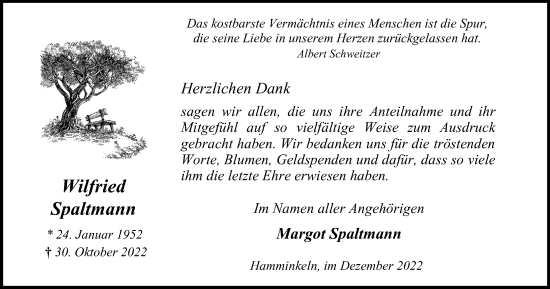 Traueranzeige von Wilfried Spaltmann von Tageszeitung