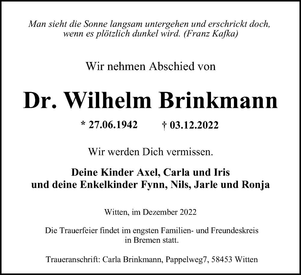 Traueranzeigen von Wilhelm Brinkmann TrauerinNRW.de