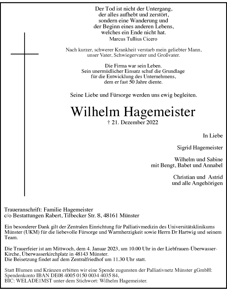  Traueranzeige für Wilhelm Hagemeister vom 29.12.2022 aus Tageszeitung