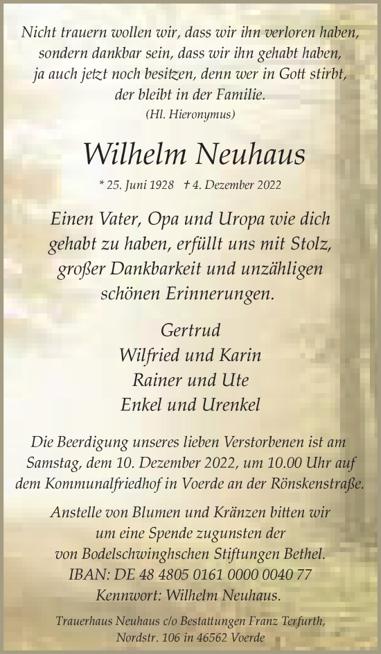 Traueranzeige von Wilhelm Neuhaus von Tageszeitung