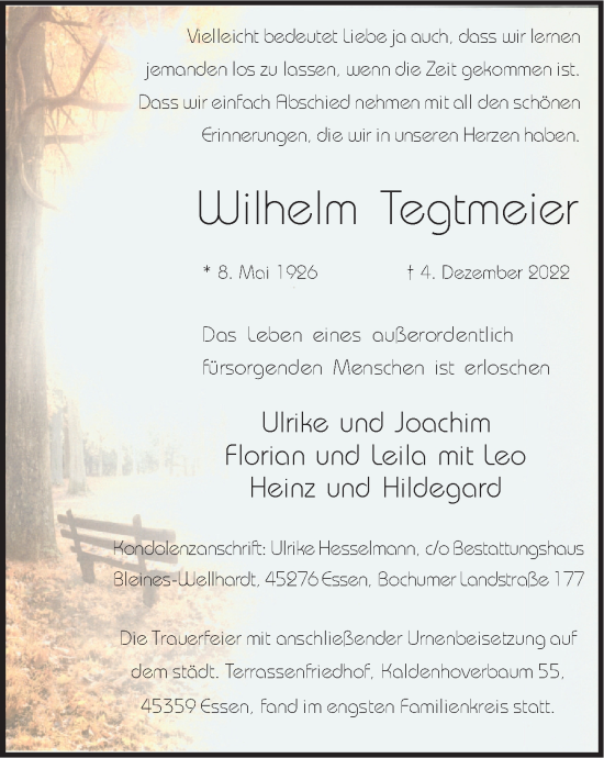 Traueranzeigen von Wilhelm Tegtmeier TrauerinNRW.de