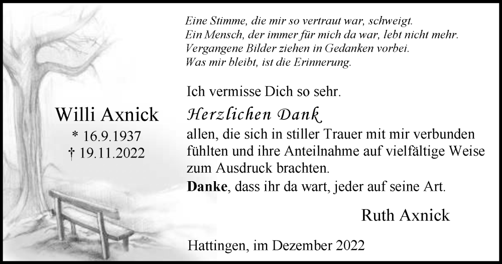  Traueranzeige für Willi Axnick vom 17.12.2022 aus WVW Anzeigenblätter