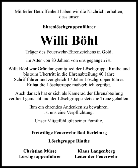 Traueranzeige von Willi Böhl von Tageszeitung