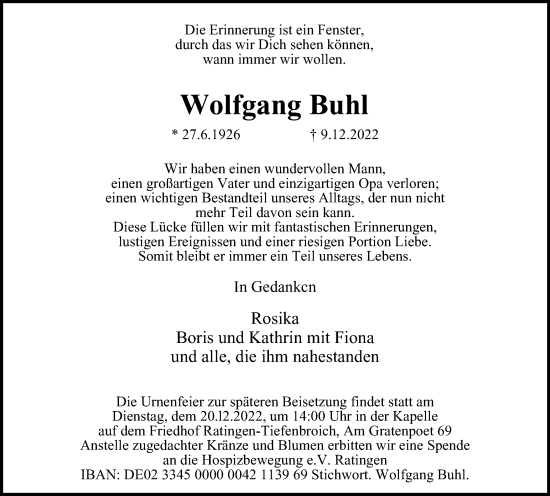 Traueranzeige von Wolfgang Buhl von WVW Anzeigenblätter