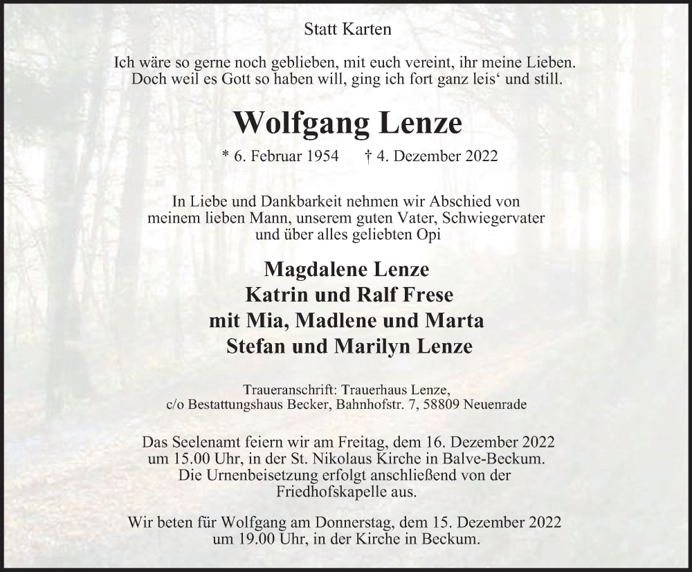  Traueranzeige für Wolfgang Lenze vom 10.12.2022 aus Tageszeitung