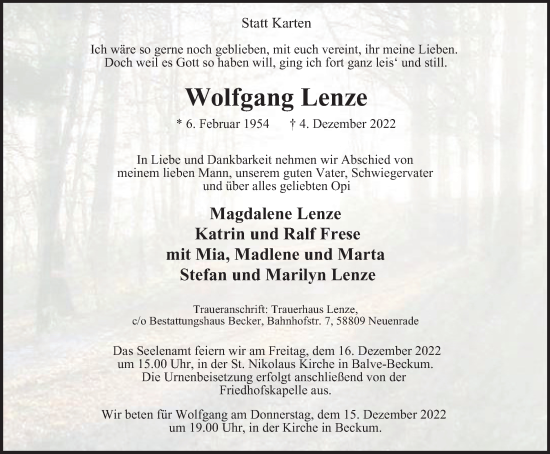 Traueranzeige von Wolfgang Lenze von Tageszeitung