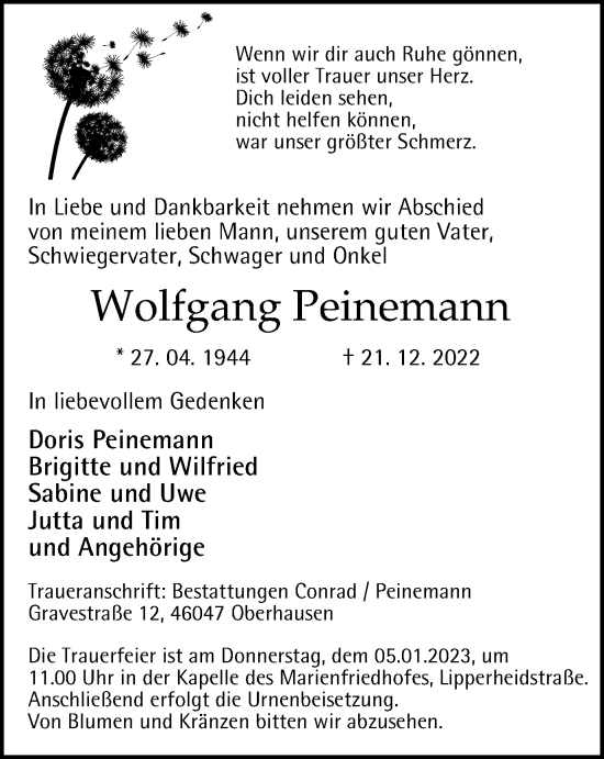 Traueranzeige von Wolfgang Peinemann von WVW Anzeigenblätter