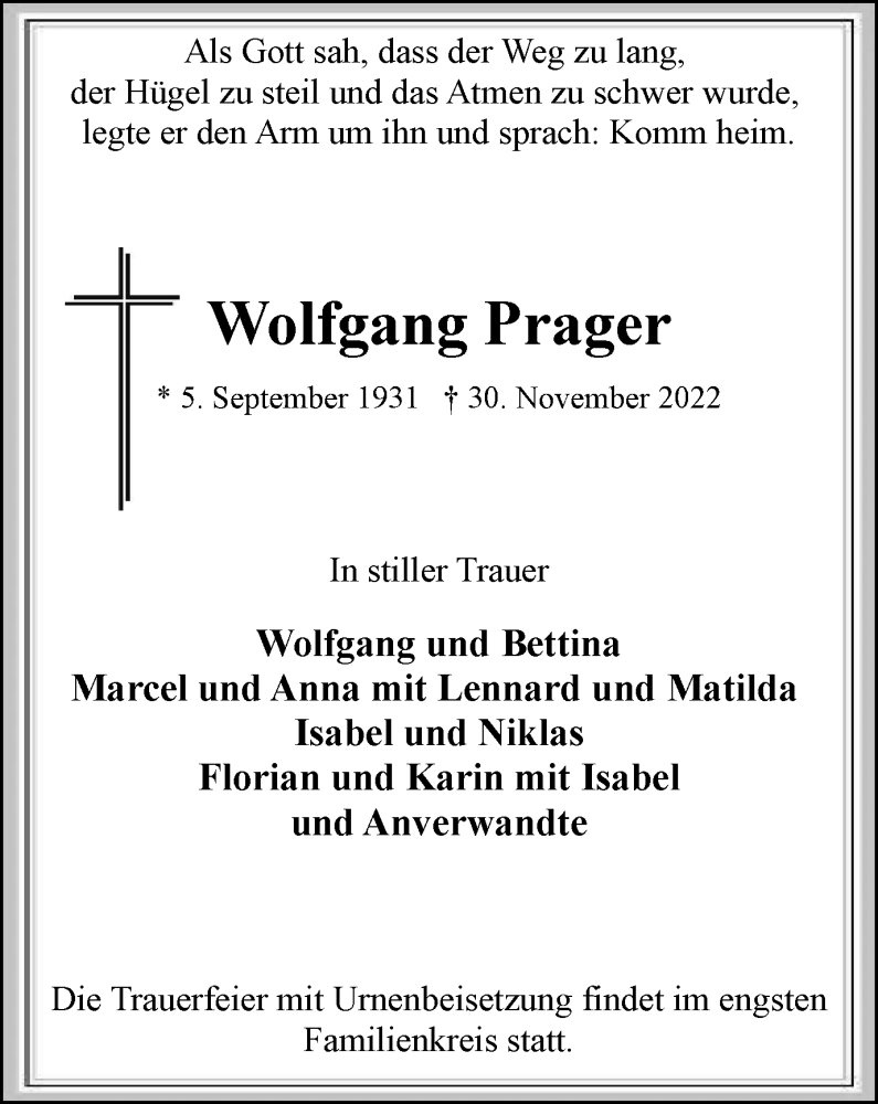  Traueranzeige für Wolfgang Prager vom 14.12.2022 aus Tageszeitung