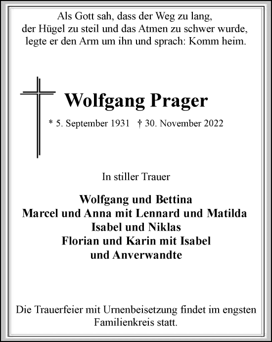 Traueranzeige von Wolfgang Prager von Tageszeitung