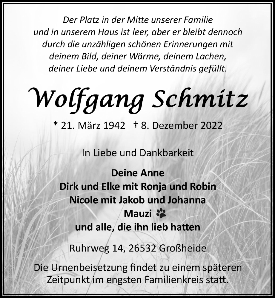  Traueranzeige für Wolfgang Schmitz vom 17.12.2022 aus Tageszeitung
