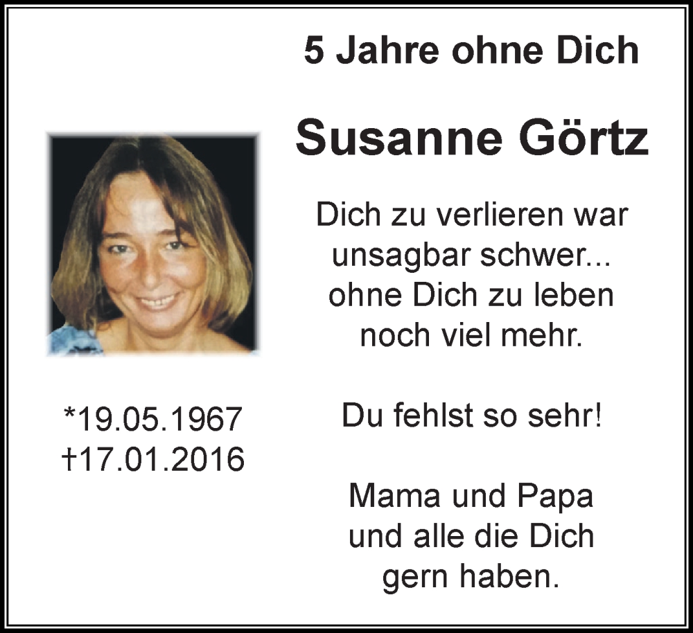  Traueranzeige für Susanne Görtz vom 16.01.2021 aus 	Stadtspiegel Bottrop
