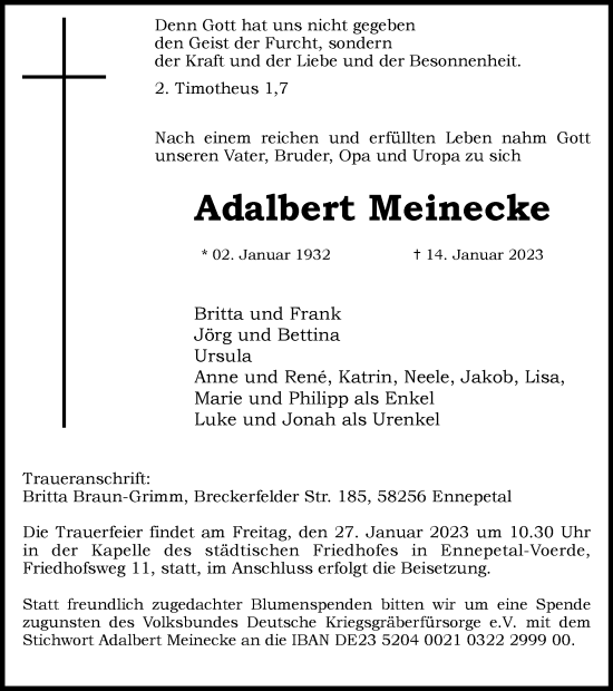 Traueranzeige von Adalbert Meinecke von Tageszeitung