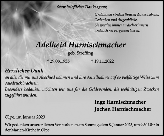 Traueranzeige von Adelheid Harnischmacher von Tageszeitung