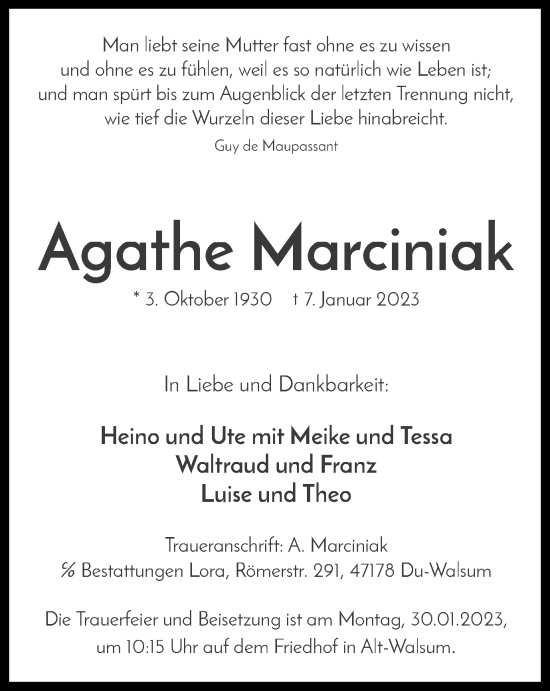 Traueranzeige von Agathe Marciniak von Tageszeitung