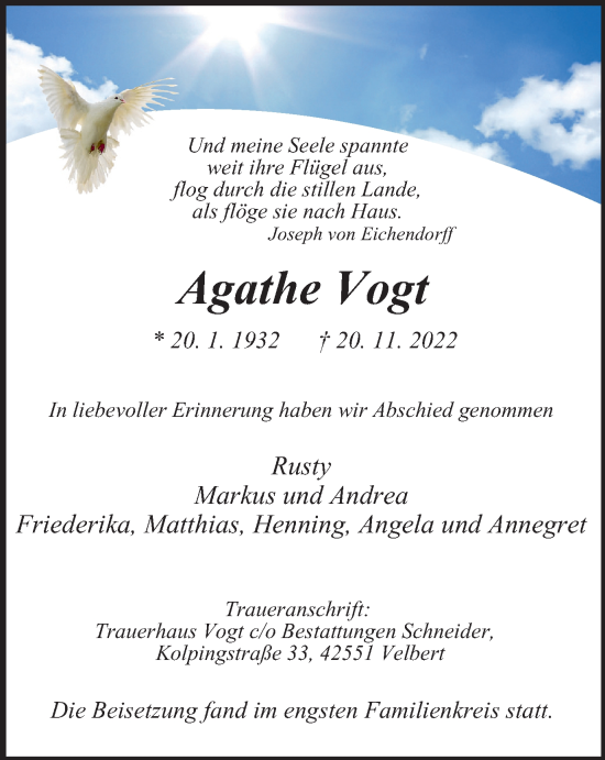Traueranzeige von Agathe Vogt von WVW Anzeigenblätter