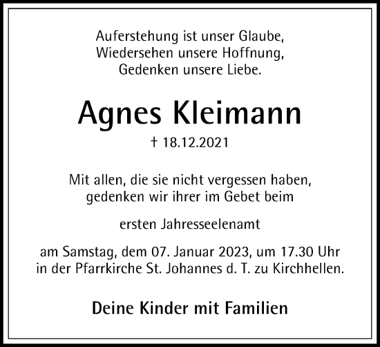 Traueranzeige von Agnes Kleimann von Tageszeitung