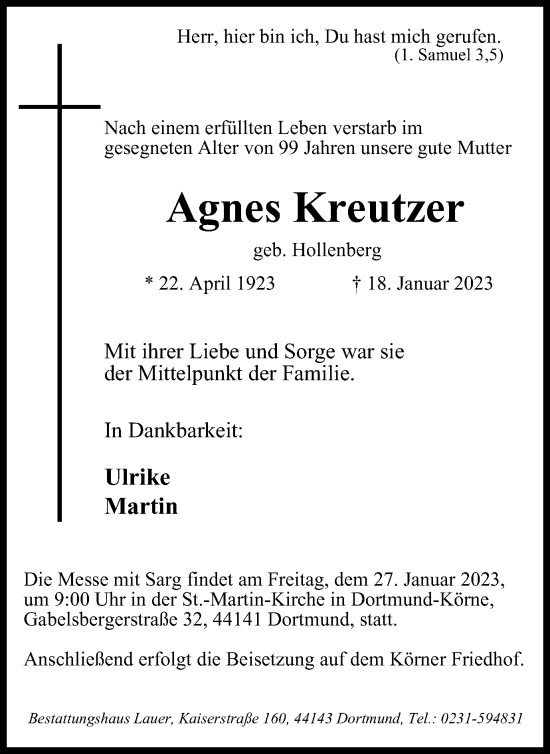 Traueranzeige von Agnes Kreutzer von Tageszeitung
