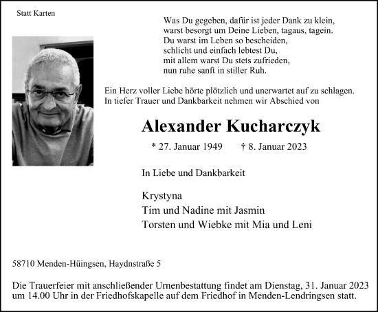 Traueranzeige von Alexander Kucharczyk von WVW Anzeigenblätter