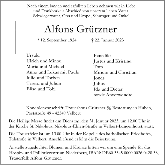 Traueranzeige von Alfons Grützner von WVW Anzeigenblätter