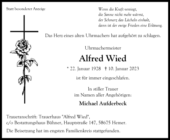Traueranzeige von Alfred Wied von Tageszeitung