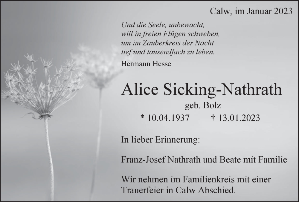  Traueranzeige für Alice Sicking-Nathrath vom 21.01.2023 aus WVW Anzeigenblätter