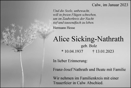 Traueranzeige von Alice Sicking-Nathrath von Tageszeitung