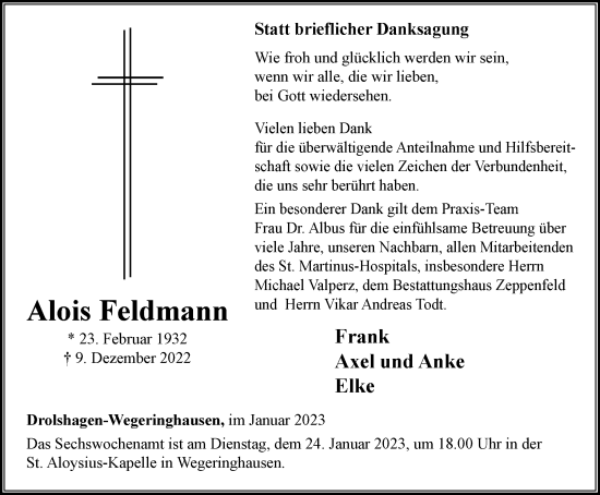 Traueranzeige von Alois Feldmann von Tageszeitung