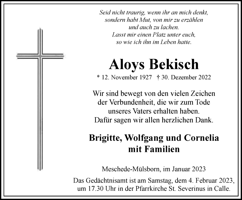  Traueranzeige für Aloys Bekisch vom 28.01.2023 aus Tageszeitung