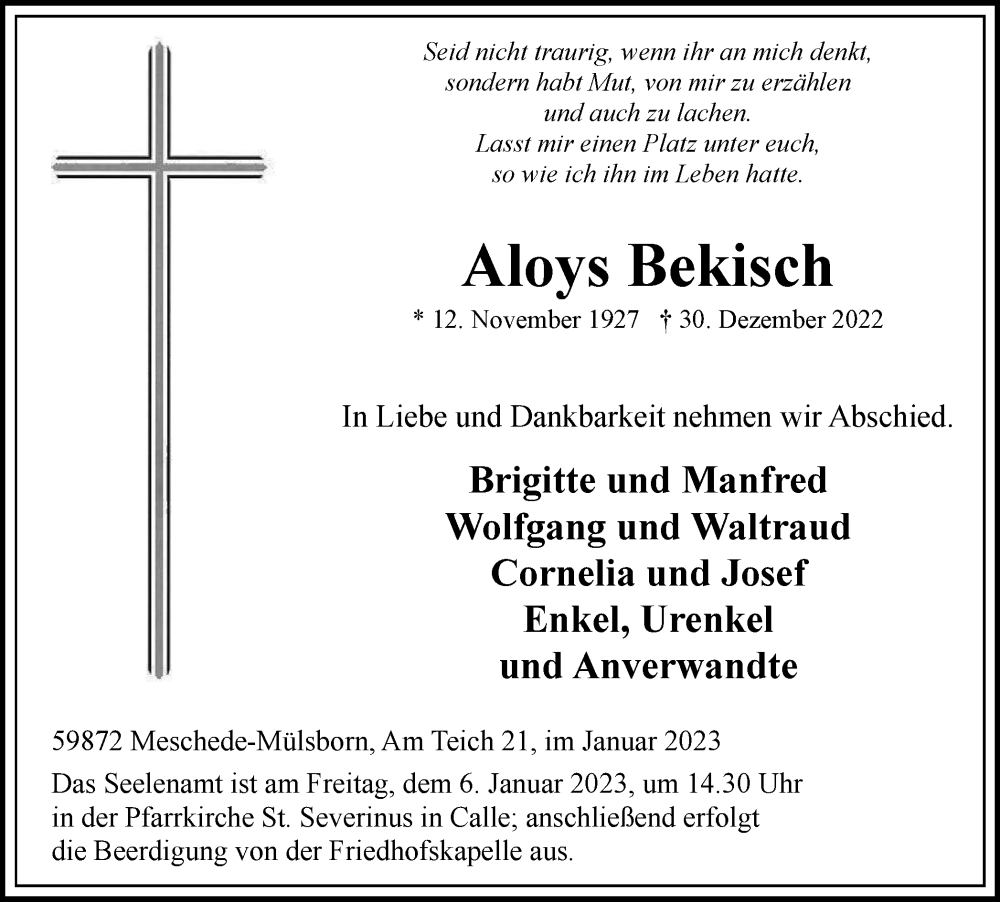  Traueranzeige für Aloys Bekisch vom 04.01.2023 aus Tageszeitung