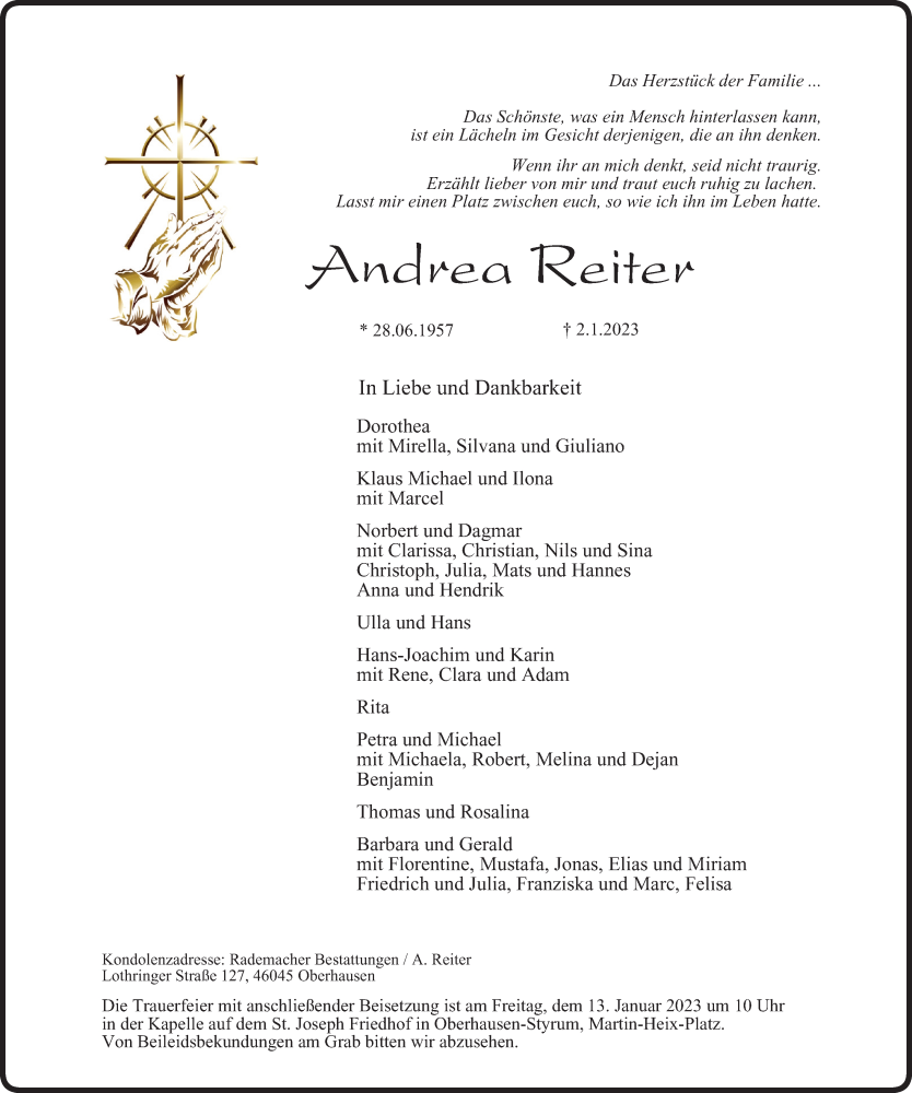  Traueranzeige für Andrea Reiter vom 07.01.2023 aus WVW Anzeigenblätter