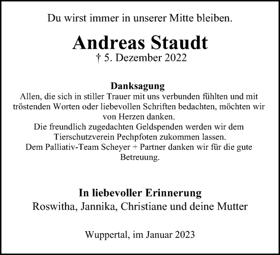 Traueranzeige von Andreas Staudt von Tageszeitung