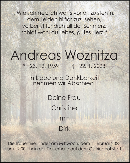Traueranzeige von Andreas Woznitza von WVW Anzeigenblätter