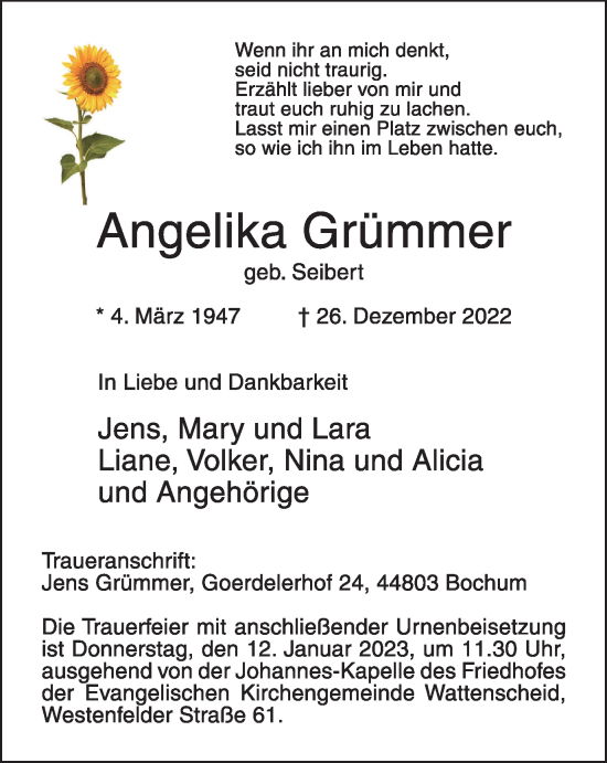 Traueranzeige von Angelika Grümmer von WVW Anzeigenblätter
