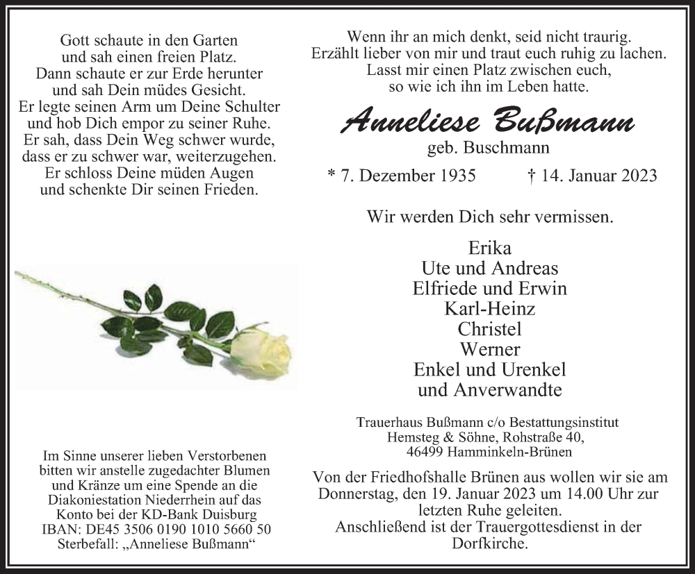  Traueranzeige für Anneliese Bußmann vom 17.01.2023 aus Tageszeitung