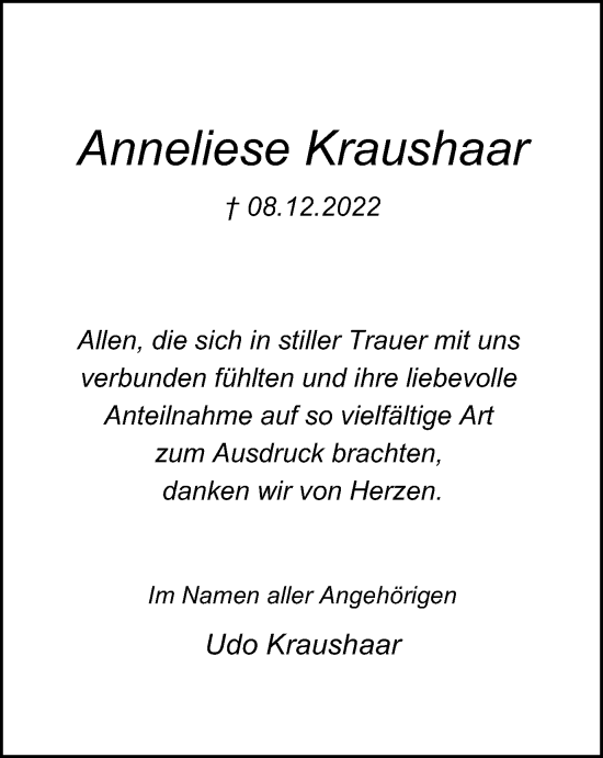 Traueranzeige von Anneliese Kraushaar von Tageszeitung