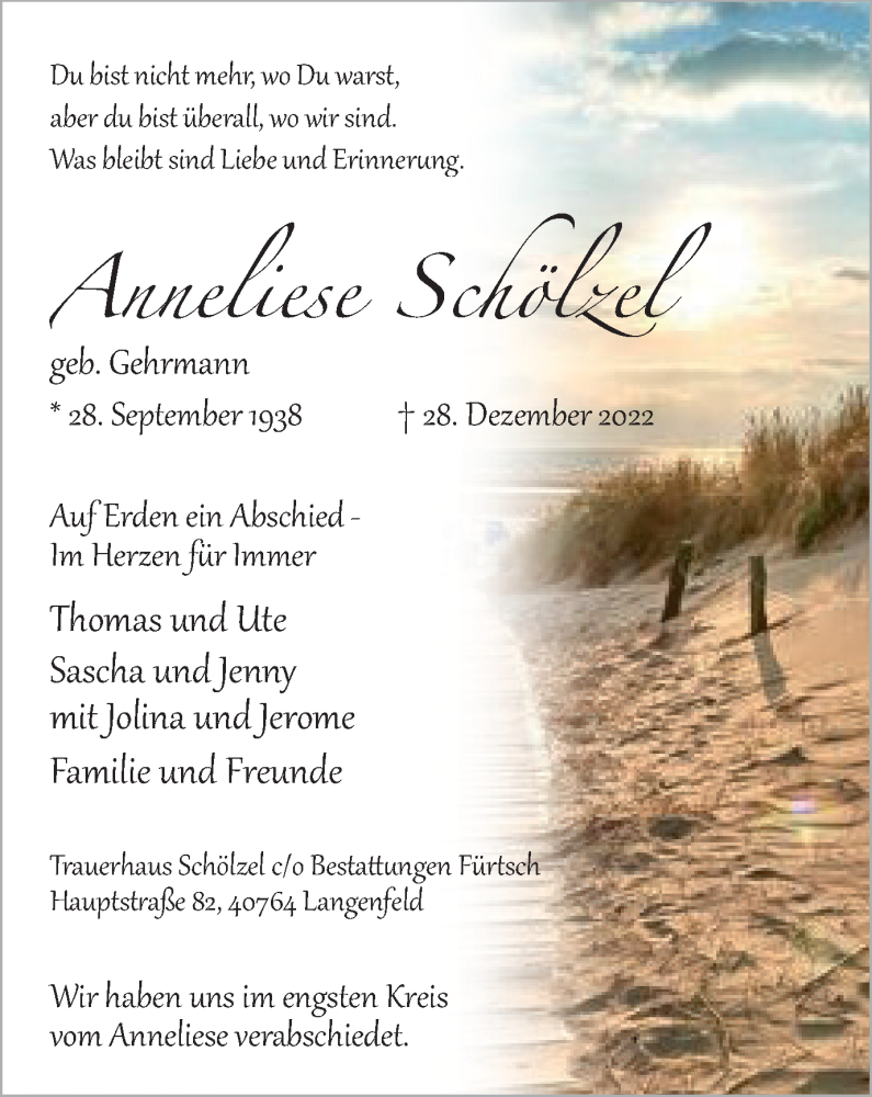  Traueranzeige für Anneliese Schölzel vom 28.01.2023 aus WVW Anzeigenblätter