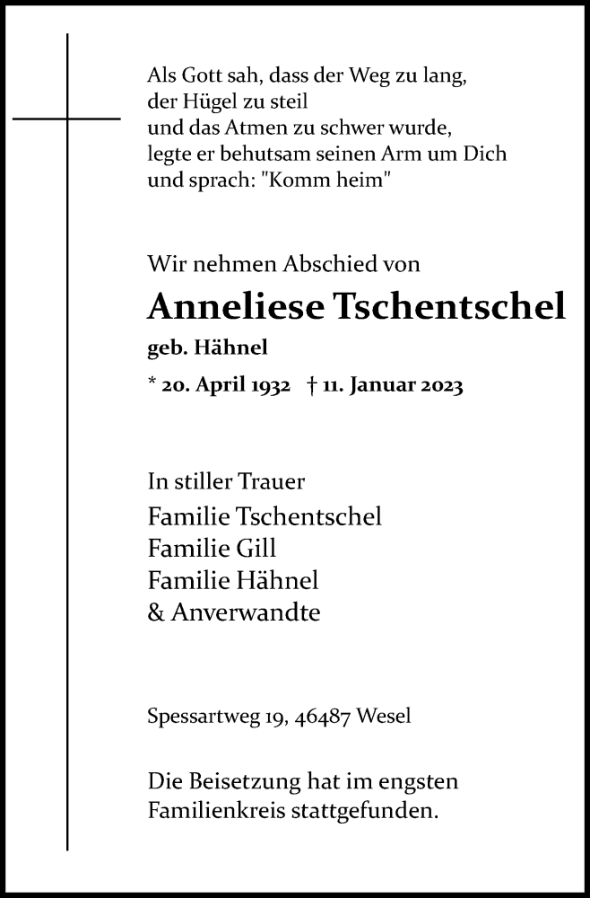  Traueranzeige für Anneliese Tschentschel vom 25.01.2023 aus Tageszeitung