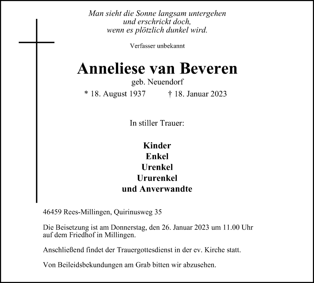  Traueranzeige für Anneliese van Beveren vom 21.01.2023 aus Tageszeitung