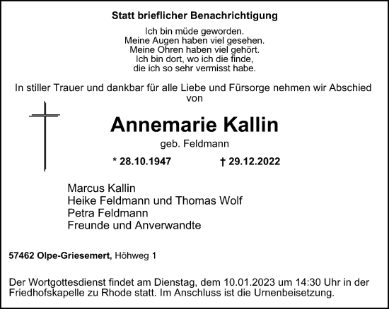 Traueranzeige von Annemarie Kallin von Tageszeitung